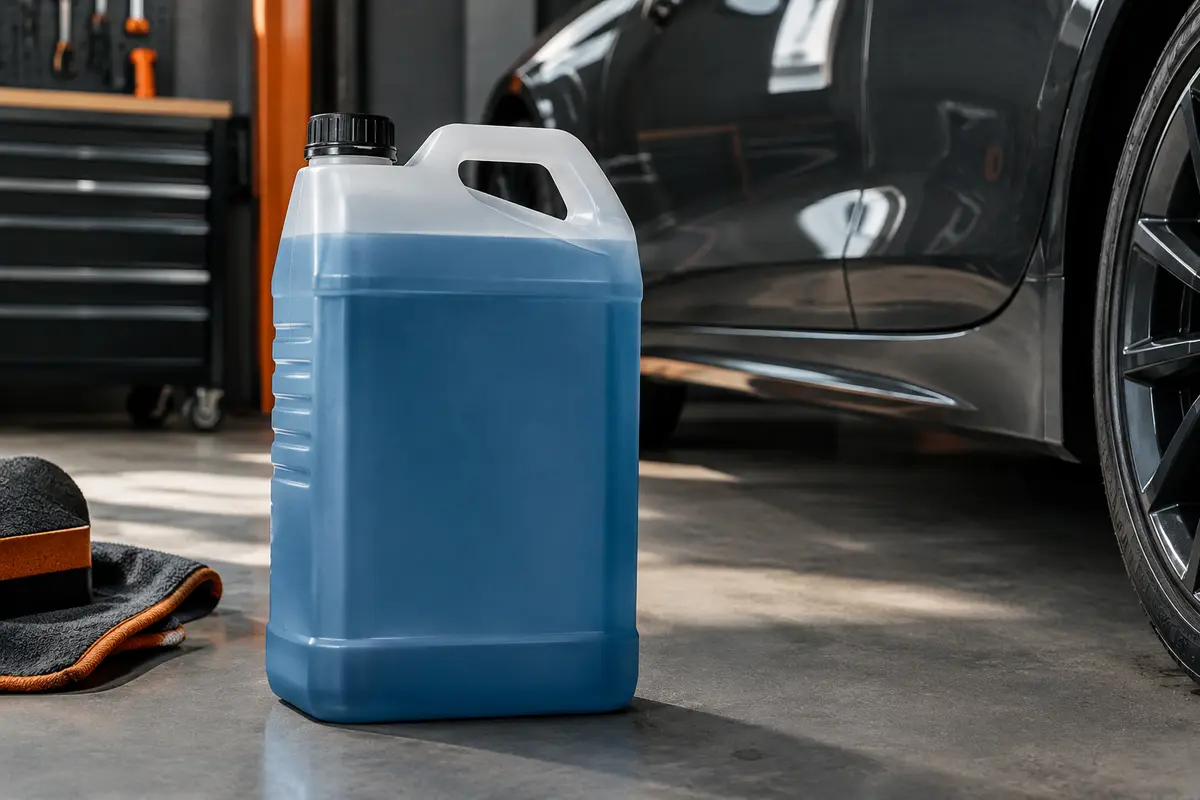 Bidon de shampoing auto de 5 litres posé dans un atelier près d’une carrosserie anthracite