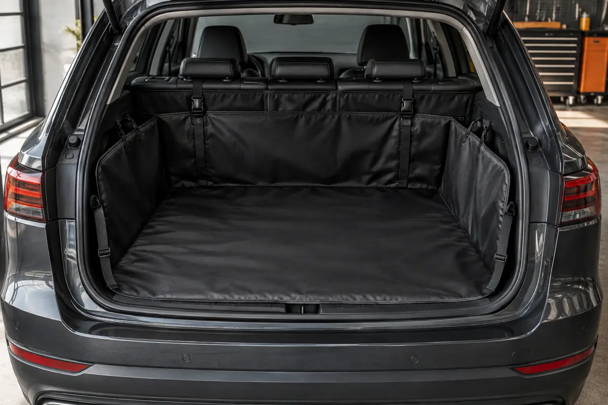 Housse noire pour chien déployée dans un coffre, avec tapis de fond et ailes latérales relevées