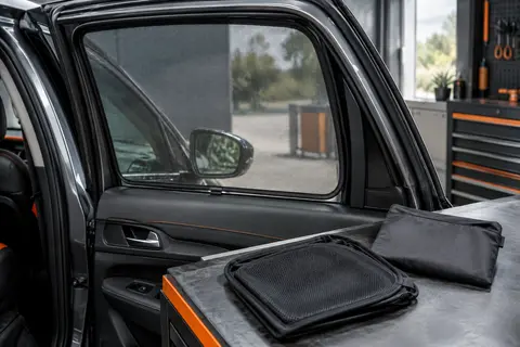 Deux pare-soleils en maille noir et blanc fixés sur les vitres latérales arrière d’une voiture