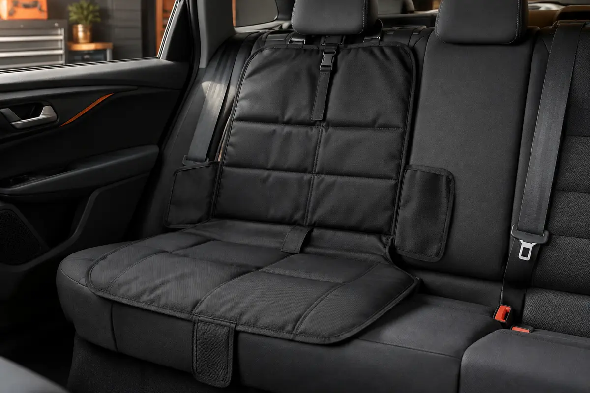 Housse noire rembourrée installée sur la banquette arrière d’une voiture à l’intérieur anthracite.