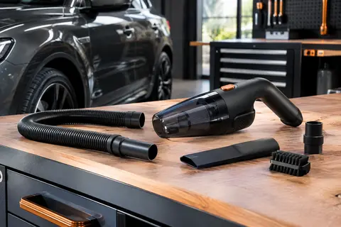 Aspirateur à main noir sans fil accompagné de son tuyau et d’accessoires sur un établi d’atelier