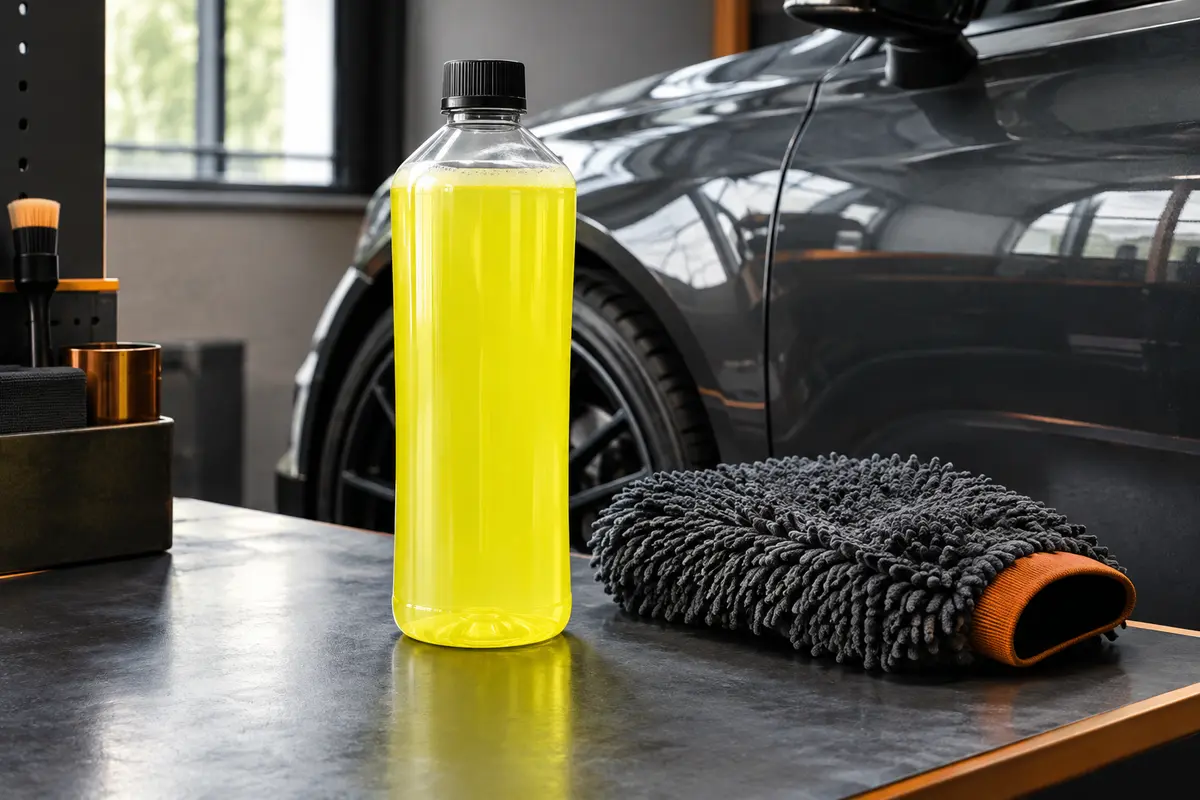 Flacon de shampooing-cire au liquide jaune fluo près d’une carrosserie anthracite dans un atelier sobre.