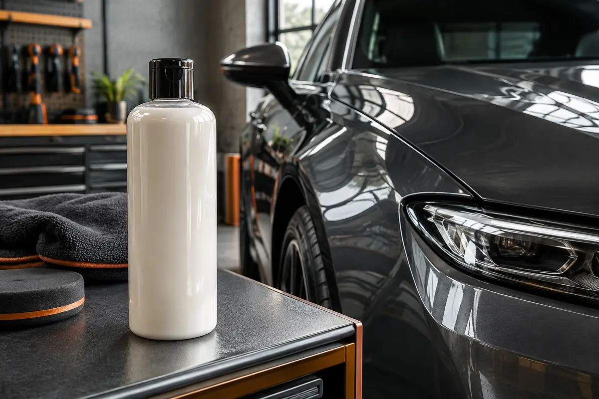 Flacon de lustrant automobile posé devant une carrosserie anthracite aux reflets brillants dans un atelier