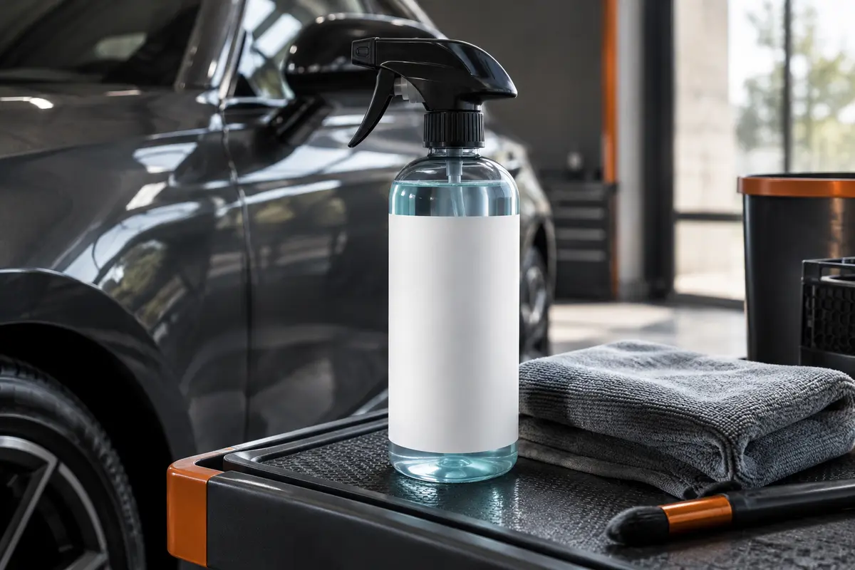 Flacon pulvérisateur et chiffons microfibres devant une carrosserie anthracite brillante