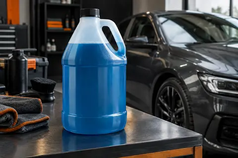 Grand format de shampooing auto posé près d’une carrosserie anthracite dans un atelier soigné