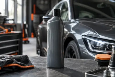 Flacon de rénovateur de peinture liquide posé sur un établi devant une carrosserie anthracite