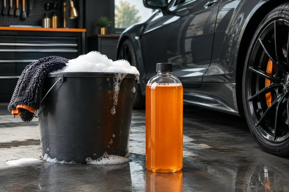 Flacon de shampoing auto près d’un seau et d’une carrosserie anthracite couverte de mousse