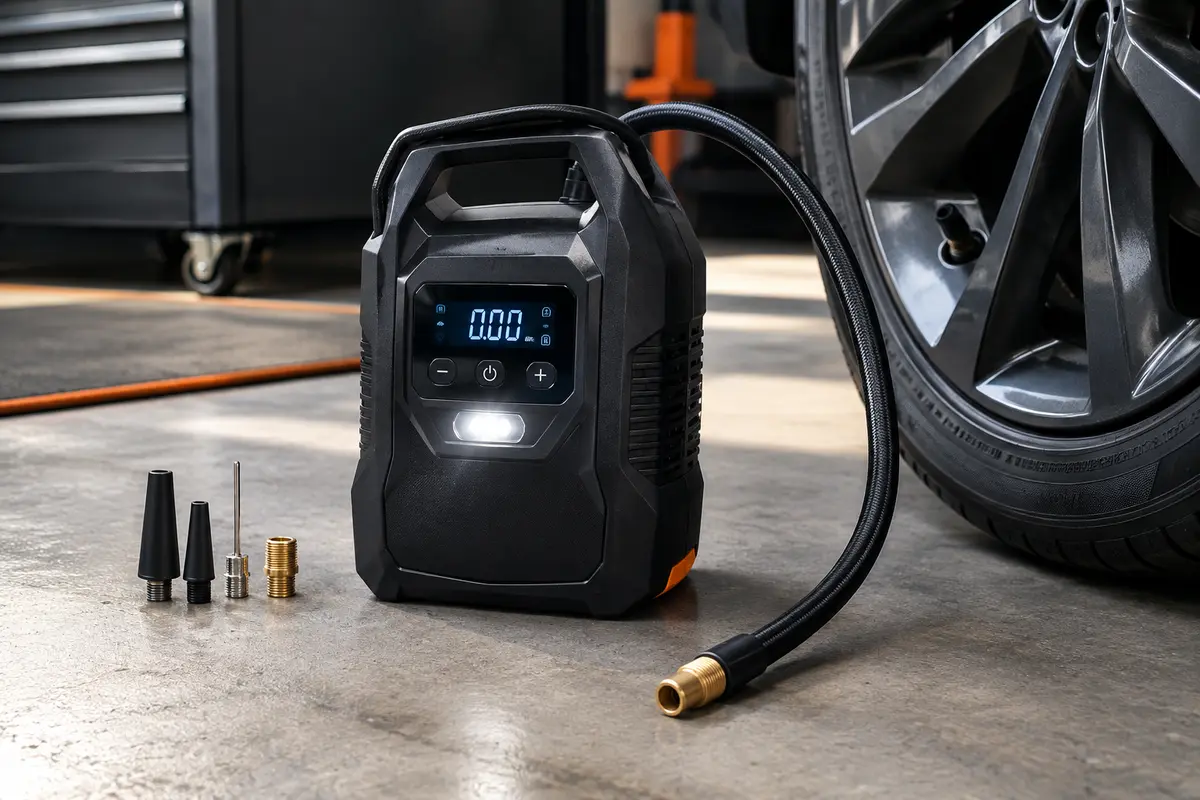 Compresseur Michelin compact avec écran digital, flexible de gonflage et lampe LED près d’un pneu de voiture