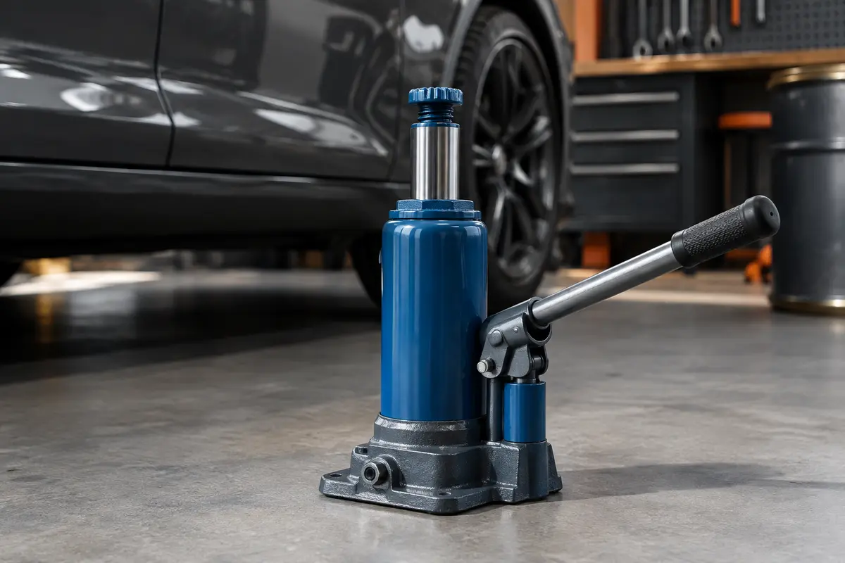 Cric bouteille hydraulique Michelin bleu et gris posé dans un atelier automobile sobre