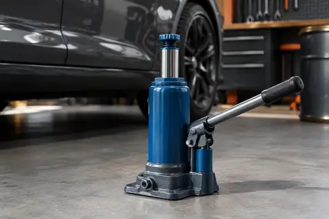 Cric bouteille hydraulique Michelin bleu et gris posé dans un atelier automobile sobre