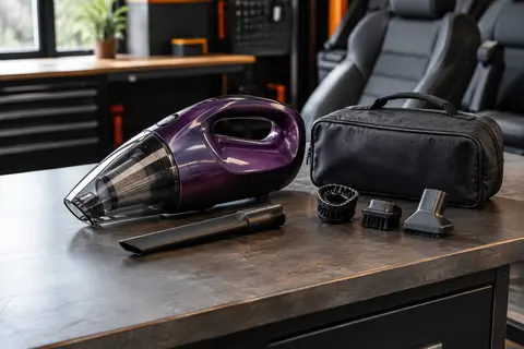 Aspirateur à main sans fil pourpre accompagné de ses buses et brosses dans un atelier automobile