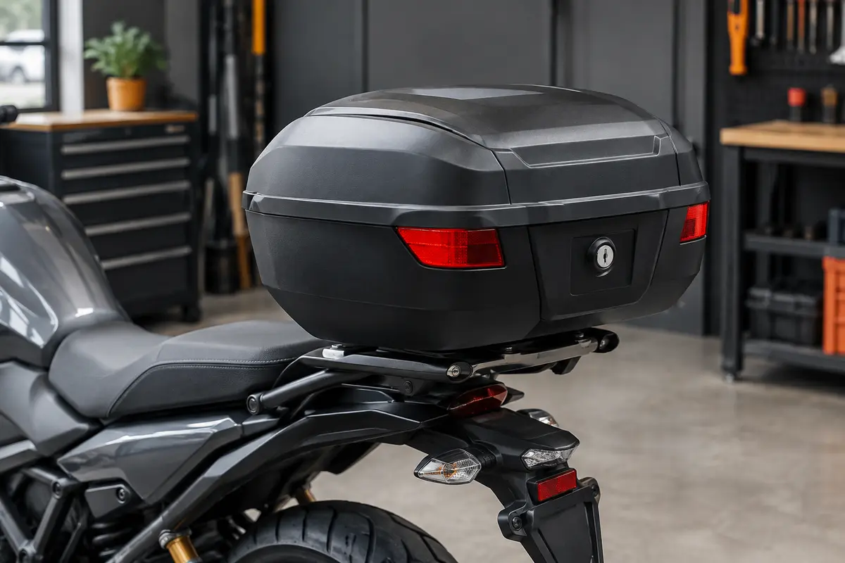 Top-case moto noir à coque rigide, fixé sur le porte-bagages d’une moto dans un atelier.