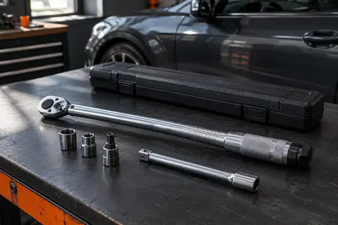 Clé dynamométrique Monzana argentée avec douilles, extension et valise de rangement dans un atelier