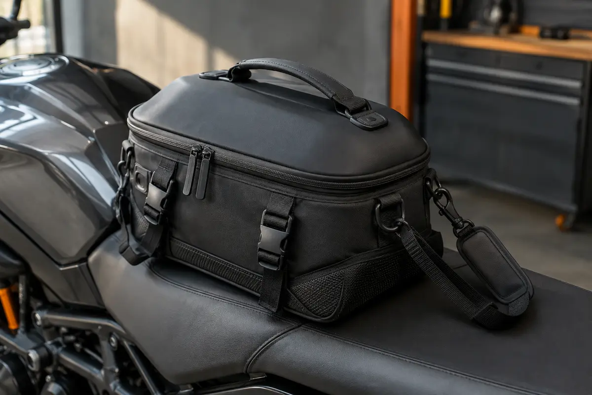 Sacoche de selle moto noire en PU fixée sur le siège arrière d’une moto anthracite.