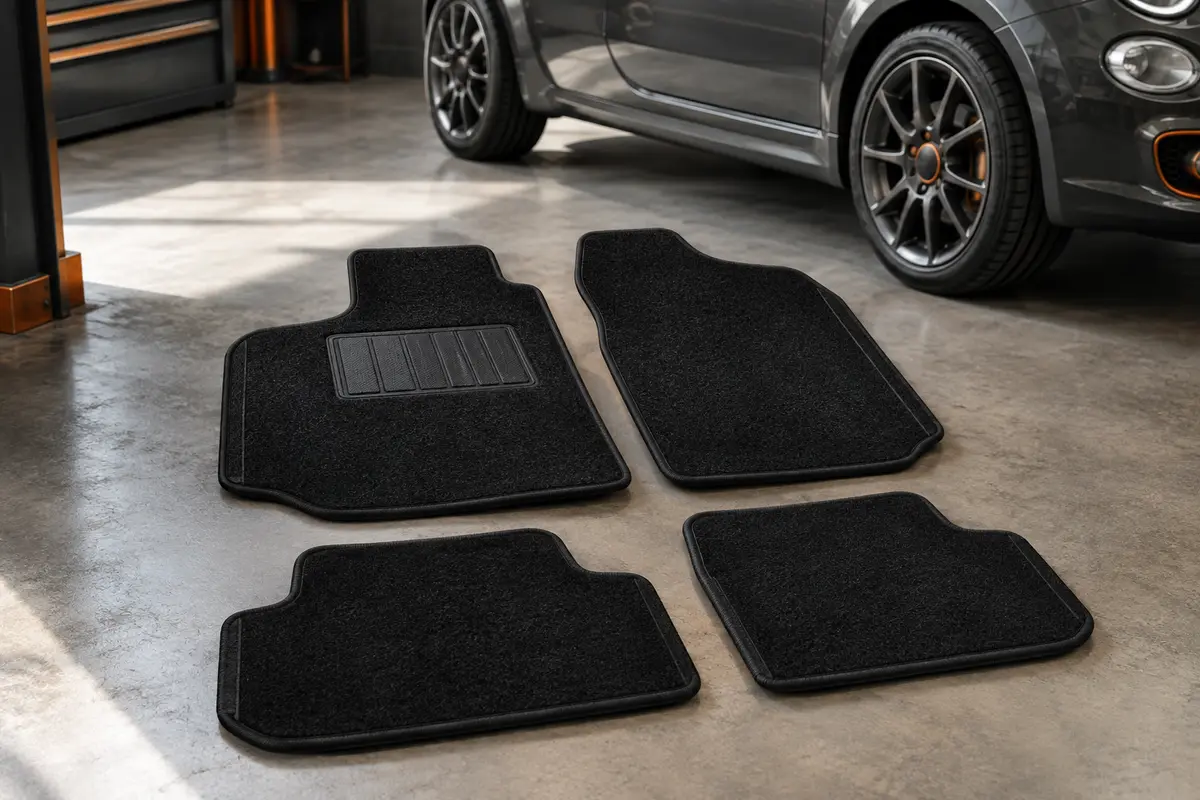Kit de tapis de sol noirs en moquette avec talonnette renforcée, présenté dans un habitacle de voiture anthracite.