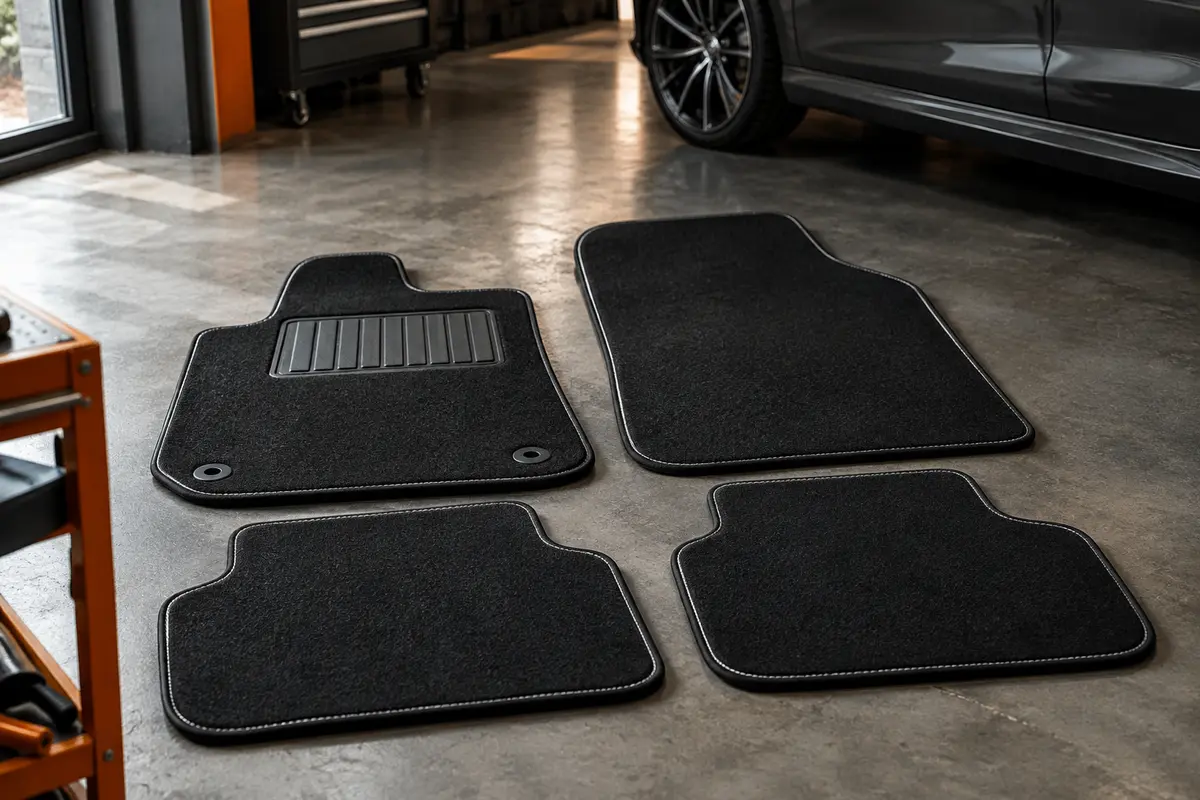 Jeu de quatre tapis noirs pour Citroën C3 II, avec couture blanche et renfort de talon en caoutchouc.
