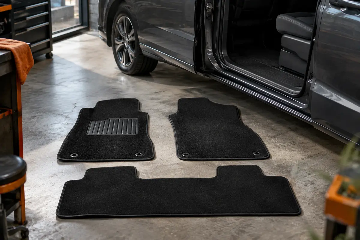Jeu de tapis noirs en velours avec bordure antidérapante et talonnette renforcée côté conducteur.