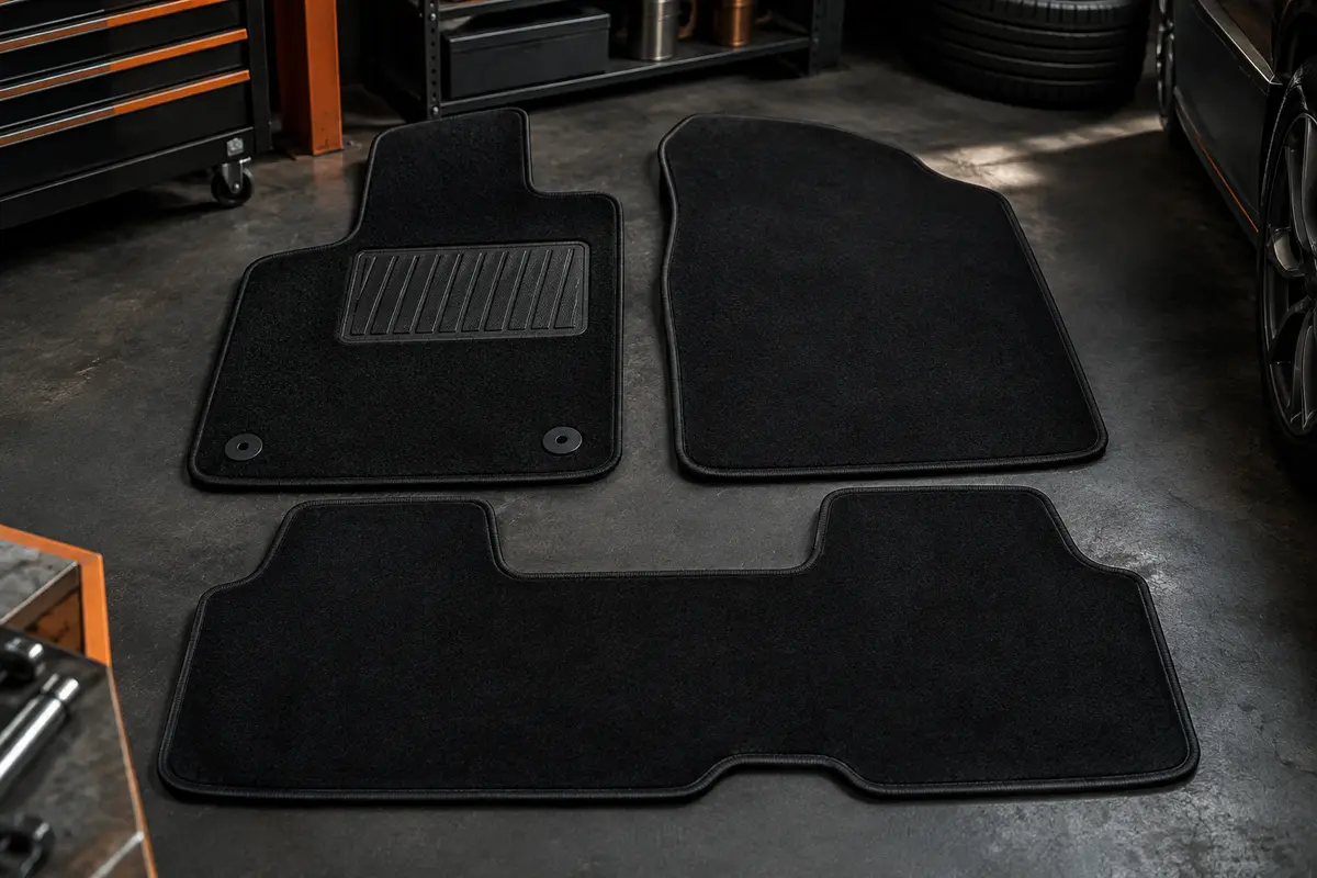Jeu de tapis en velours noir avec bordures et talonnette renforcée pour Peugeot 3008 I