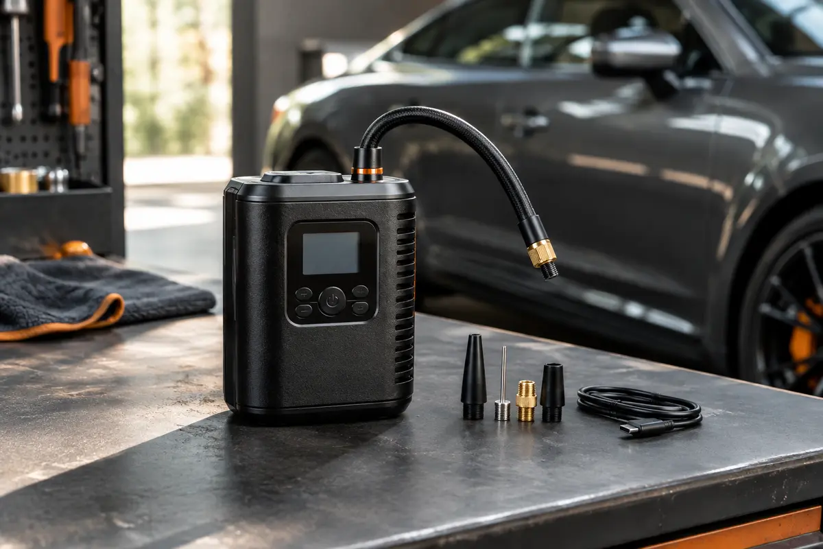 Mini-compresseur Oasser noir avec écran LCD, tuyau et embouts, posé près d’une roue de voiture.