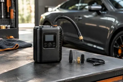 Mini-compresseur Oasser noir avec écran LCD, tuyau et embouts, posé près d’une roue de voiture.
