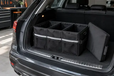 Organisateur de coffre noir à trois compartiments, avec couvercle et bande réfléchissante