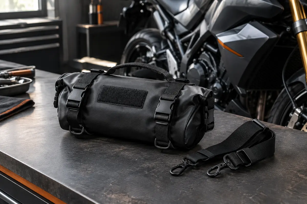 Sacoche moto Odinsberg noire de 3,5 L avec fermeture à enroulement et sangles de fixation rapides