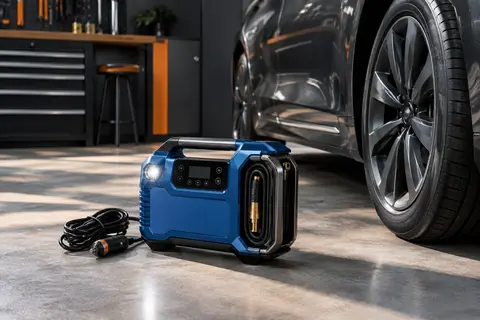 Compresseur portatif bleu avec écran tactile, tuyau rangé et câble 12 V près d’un pneu