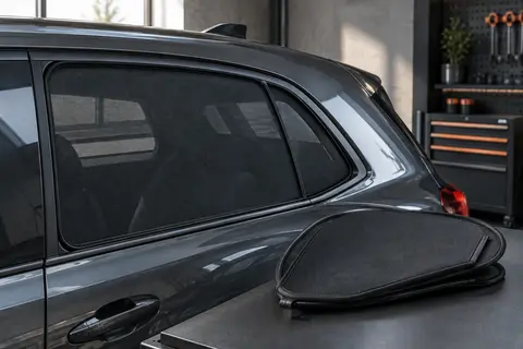 Deux pare-soleils en maille noire installés sur les vitres arrière d’une voiture anthracite.