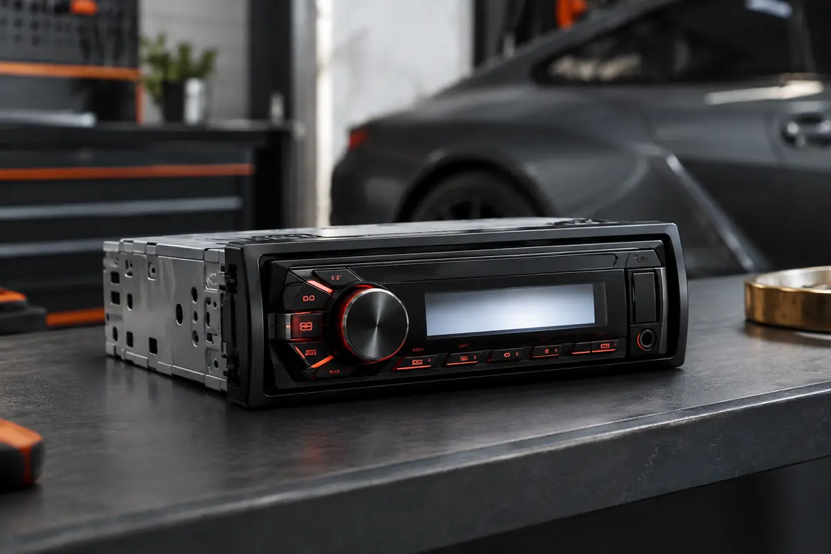 Autoradio Pioneer noir au format 1 DIN, avec façade détachable, touches rouges et afficheur blanc.
