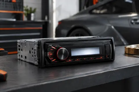Autoradio Pioneer noir au format 1 DIN, avec façade détachable, touches rouges et afficheur blanc.