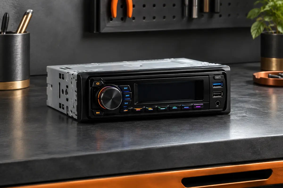 Autoradio 1 DIN noir avec façade à touches multicolores posé sur un établi d’atelier sobre.