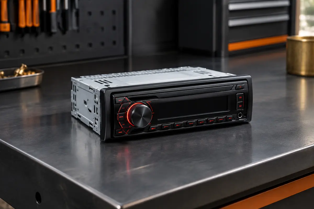 Autoradio 1 DIN noir à éclairage rouge, posé sur un établi anthracite avec quelques câbles audio.