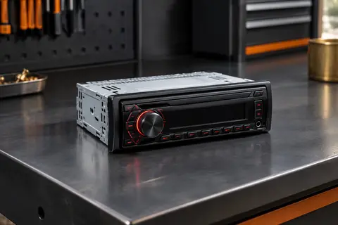 Autoradio 1 DIN noir à éclairage rouge, posé sur un établi anthracite avec quelques câbles audio.