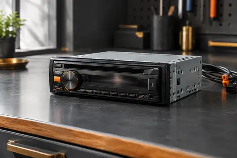 Autoradio CD Pioneer DEH-S320BT au format 1 DIN, présenté seul dans un décor d’atelier sobre