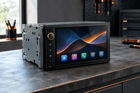 Autoradio multimédia noir à écran tactile présenté sur un établi dans un atelier automobile sobre.