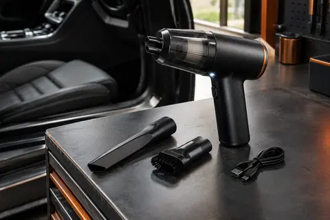 Mini aspirateur à main noir avec buse plate et brosse, posé près d’un tapis de voiture