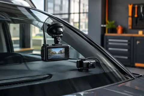 Dashcam noire avant-arrière installée sur le pare-brise d’une voiture dans un atelier sobre