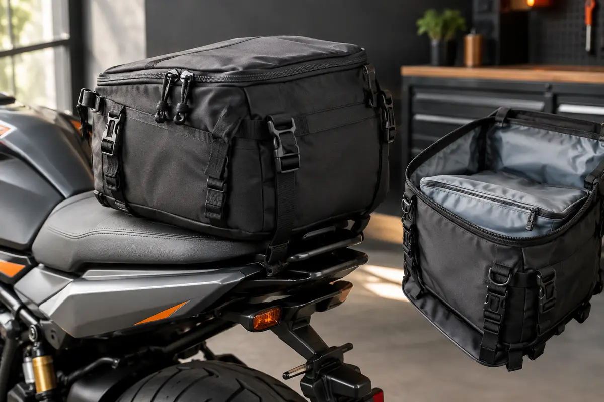 Sacoche de selle moto noire Rhinowalk de 30 L installée sur l’arrière d’une moto anthracite