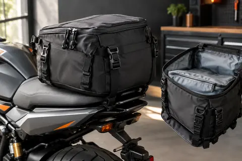 Sacoche de selle moto noire Rhinowalk de 30 L installée sur l’arrière d’une moto anthracite