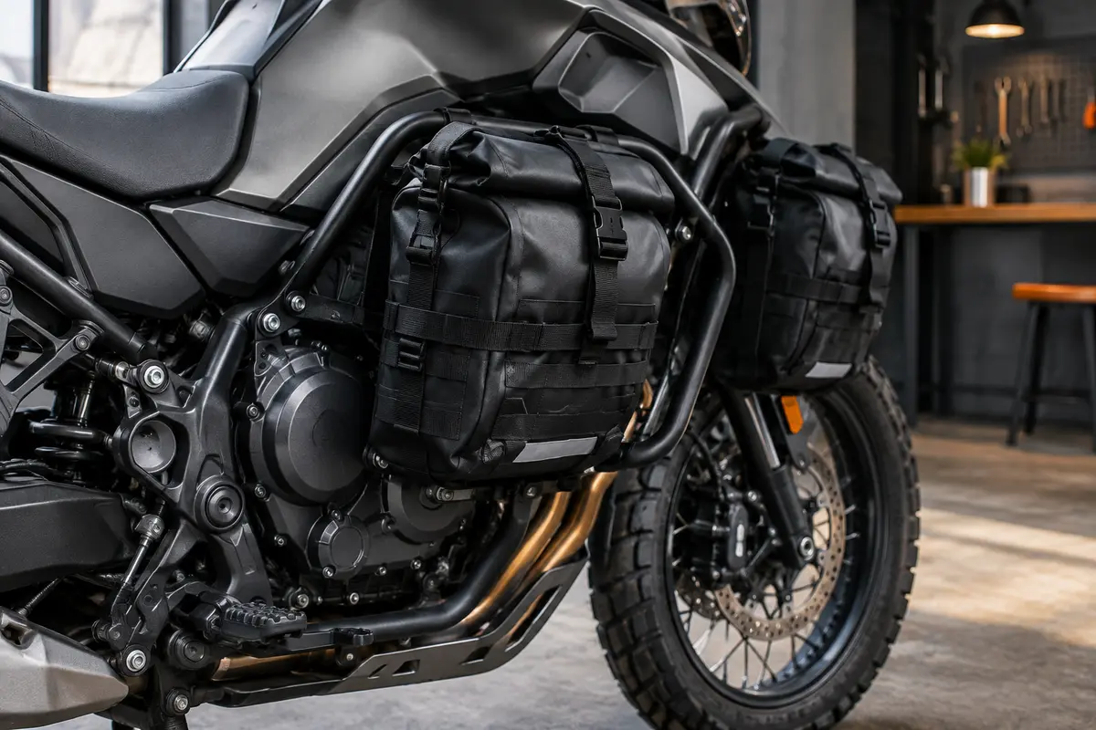 Deux sacoches moto noires en PVC fixées sur les crash bars d’une moto anthracite dans un atelier.