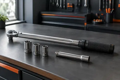 Clé dynamométrique S&R grise avec rallonge, trois douilles et coffret rigide sur un établi d’atelier.