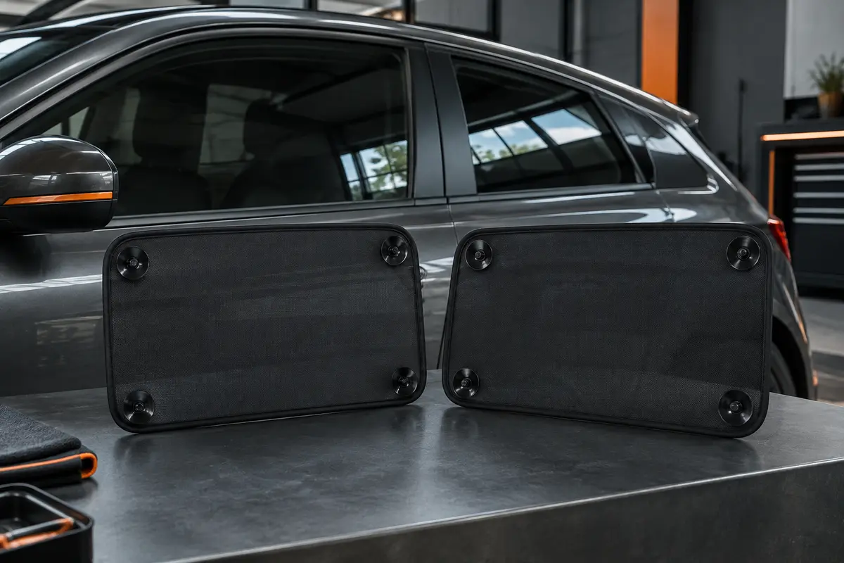 Deux pare-soleils latéraux noirs en maille nylon fixés sur la vitre d’une voiture anthracite.
