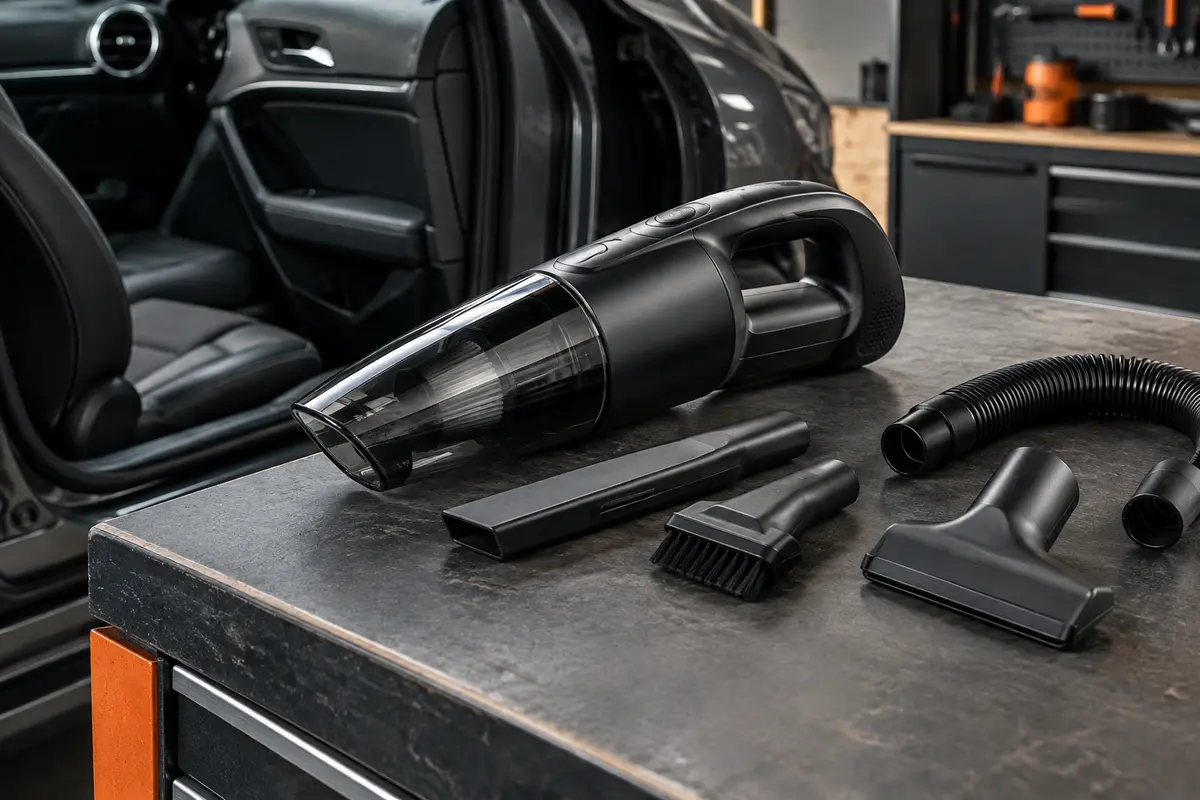 Aspirateur à main noir sans fil Scovee accompagné de ses embouts dans un atelier urbain soigné