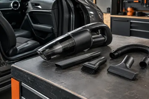 Aspirateur à main noir sans fil Scovee accompagné de ses embouts dans un atelier urbain soigné