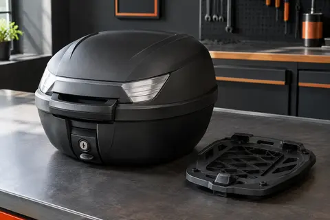 Top-case rigide noir Shad SH29 avec poignée et fermeture à clé, posé dans un atelier sobre.