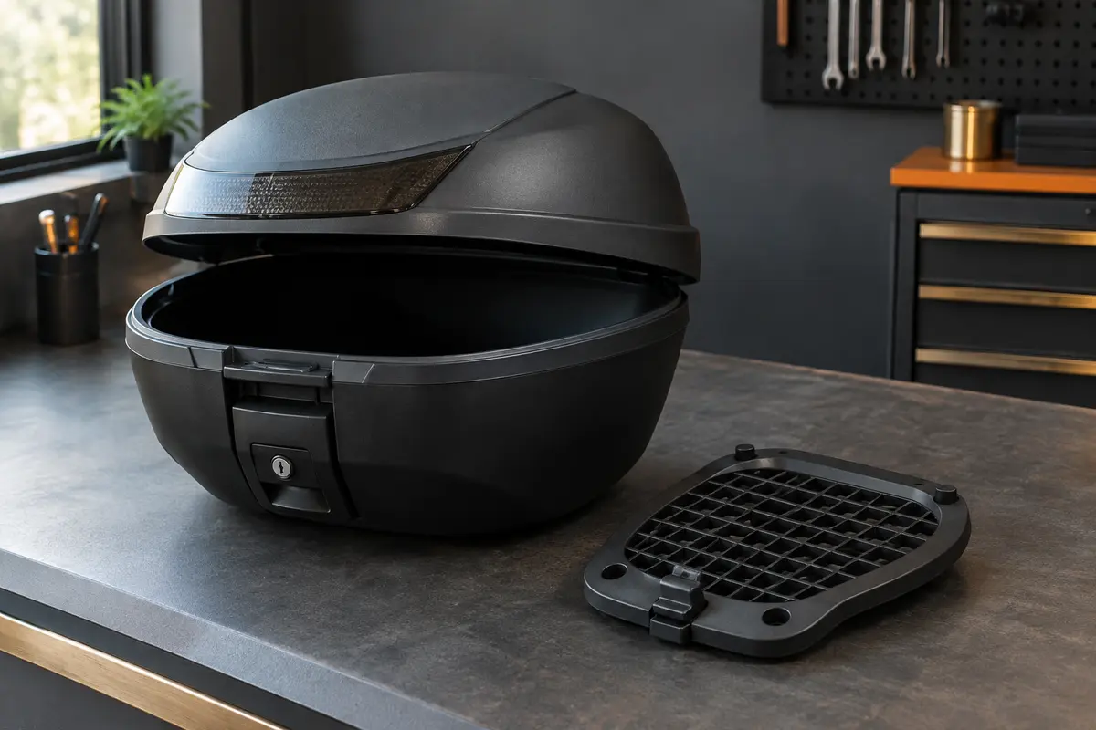 Top case moto noir Shad SH33 à coque arrondie, installé à l’arrière d’un scooter anthracite