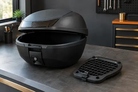 Top case moto noir Shad SH33 à coque arrondie, installé à l’arrière d’un scooter anthracite