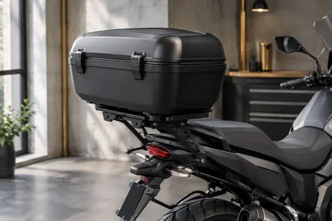 Top case moto rigide noir Shad SH40 de 40 L avec platine, présenté dans un atelier urbain sobre.