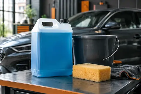 Bidon neutre de shampoing auto concentré de 5 litres présenté dans un atelier soigné près d’une voiture anthracite