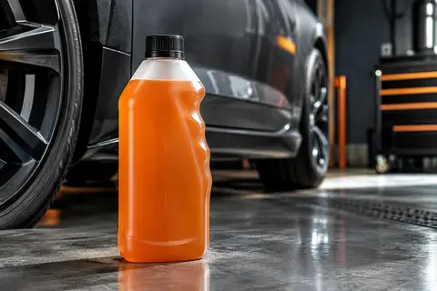 Flacon de shampoing auto près d’une carrosserie anthracite couverte de mousse dans un atelier.